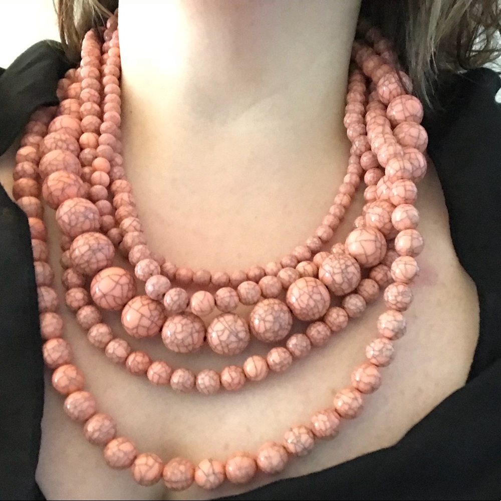 Statement Coral-Pink Multi-Strand Beaded Necklace